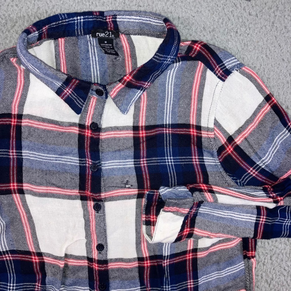Distressed Plaid Shirt Women M Navy Blue White Red L/S Rayon Grunge Western Goth